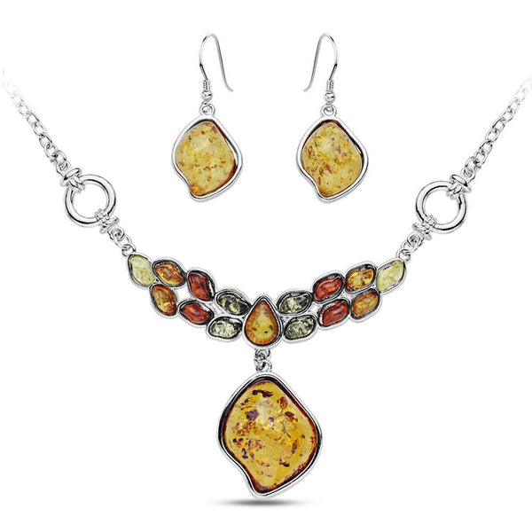 Colorful Baltic Synthetic Amber Necklace & Earrings Jewelry Set