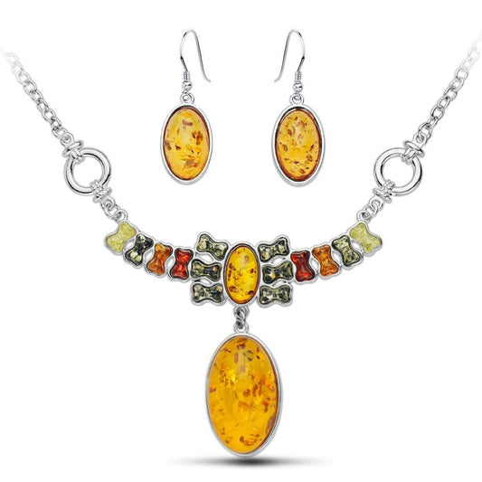 Oval and Bone Shape Colorful Baltic Synthetic Amber Necklace & Earrings Jewelry Set