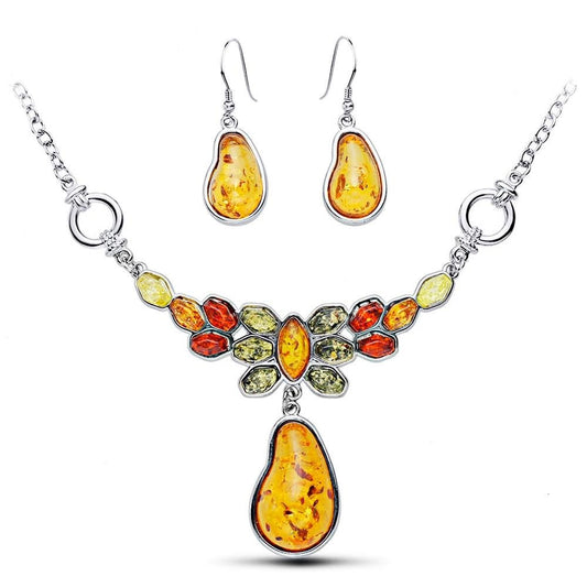 Multicolor Baltic Synthetic Amber Necklace & Earrings Jewelry Set