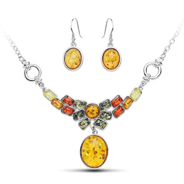 Colorful Baltic Synthetic Amber Necklace & Earrings Jewelry Set