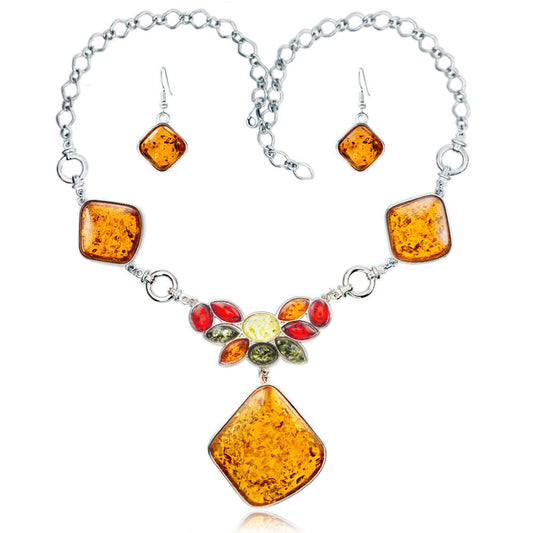 Multicolor Baltic Synthetic Amber Necklace & Earrings Wedding Jewelry Set