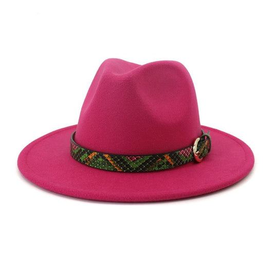 Vintage Wide Brim Faux Wool Fedora Hat with Colorful Snake Print Leather Band