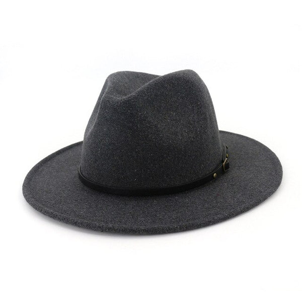 Flat Wide Brim Wool Felt Fedora Hat with Belt Buckle