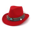 Handmade Wide Brim Wool Felt Cowboy Fedora Hat with Ethnic Ribbon Decor