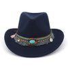 Handmade Wide Brim Wool Felt Cowboy Fedora Hat with Ethnic Ribbon Decor