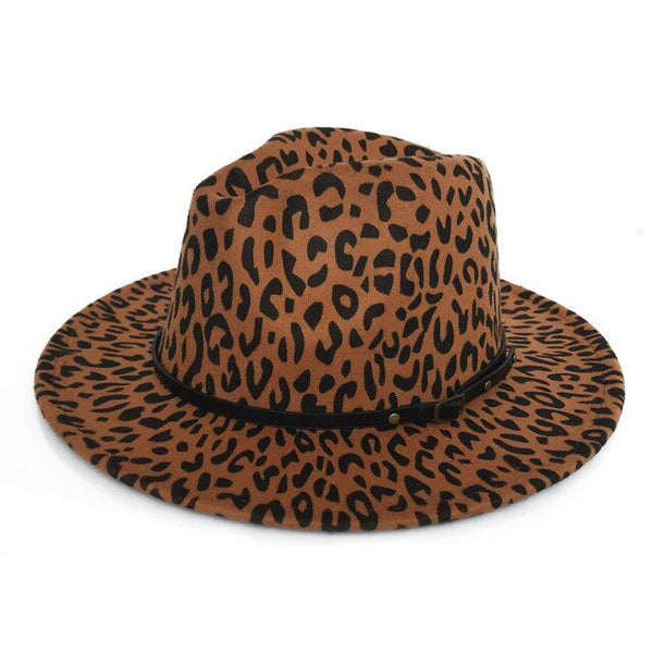 Leopard Print Large Brimmed Wool Felt Fedora Hat