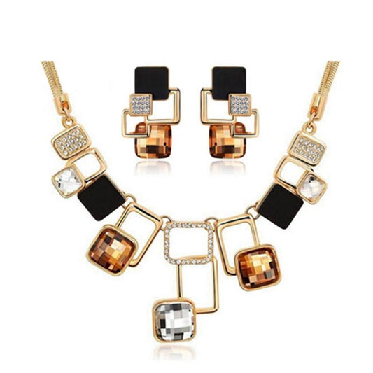 Austrian Crystal and Rhinestone Geometric Square Necklace & Earrings Jewelry Set