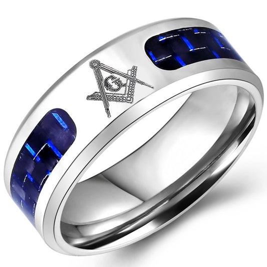Stainless Steel with Blue and Black Carbon Fiber Cut-out Inlay with Masonic Ring
