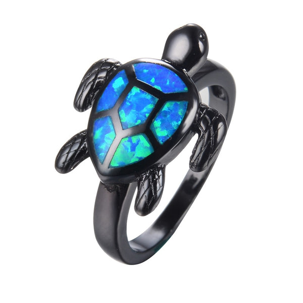 Blue Opal Turtle Black Gold-Filled Engagement Ring