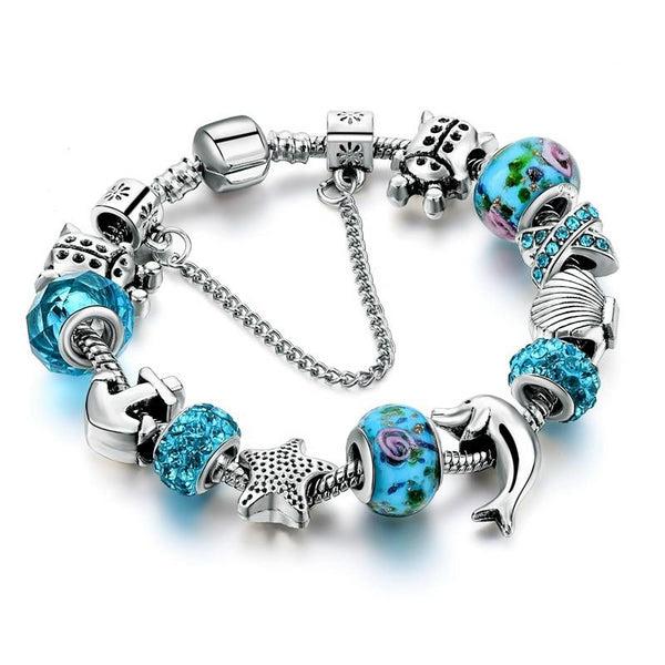Ocean Style Dolphin, Anchor Blue Crystal with Charm Bead Bracelet