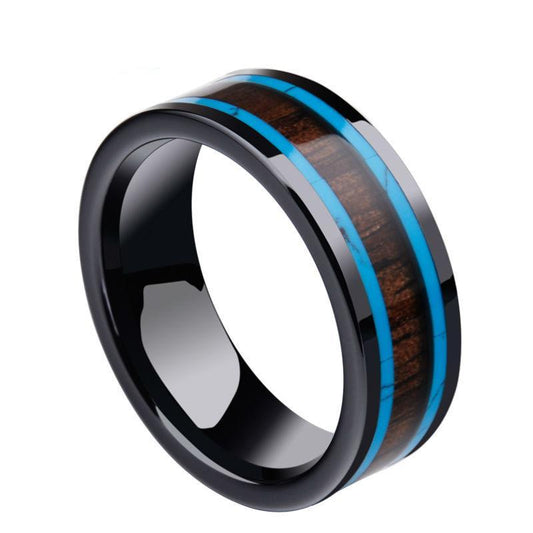 8mm Black Tone Ceramic Wedding Ring for Men with Koa Wood and Two Pieces of Ceramic Lines Inlay - Innovato Store