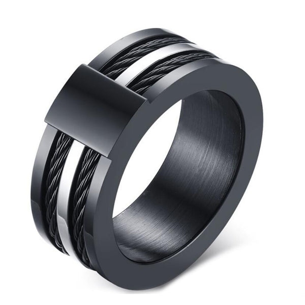 15mm Titanium Black Accented Double Cable Inlay and Single Silver Plated Centered Strap Men’s Wedding Band - Innovato Store