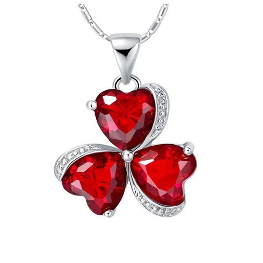 925 Sterling Silver Three Red Heart Clover Pendant Necklace