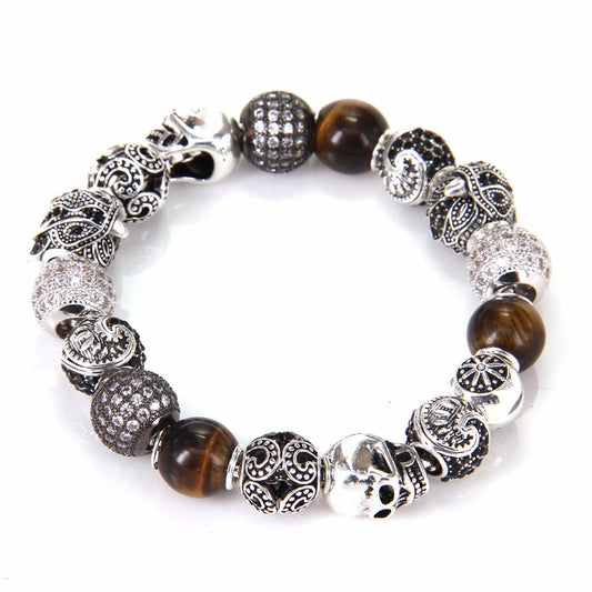 Handmade Silver Bead Bracelet with Skull for Men