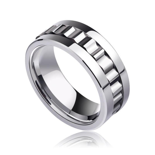 8mm Polished Silver Tone Tungsten Geometric Rotary Gear Comfortable Wedding Ring - Innovato Store