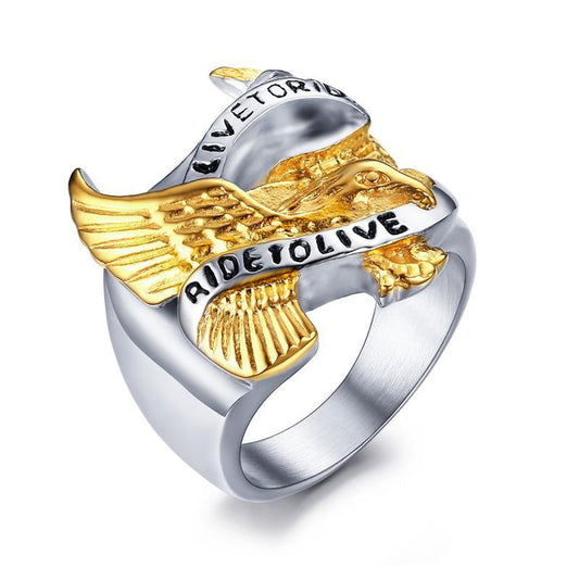 23mm "Live To Ride, Ride to Live" Dual Toned Stainless-Steel Men’s Eagle Cocktail Ring - Innovato Store