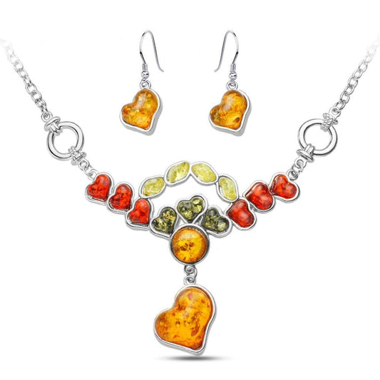 Multicolor Heart Baltic Synthetic Amber Necklace & Earrings Jewelry Set