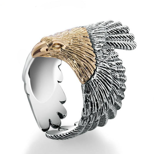 Gold Eagle Head 925 Sterling Silver Adjustable Ring