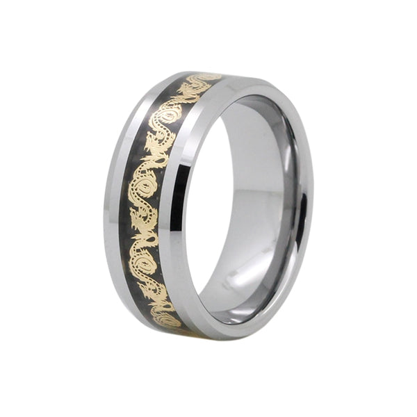 Golden Dragon Inlay over Black Carbon Fiber Tungsten Men’s Wedding Band - Innovato Store