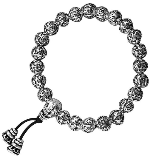 Six Words Mantra Tibetan Buddhism Rope Pure Silver Vintage Bead Bracelet