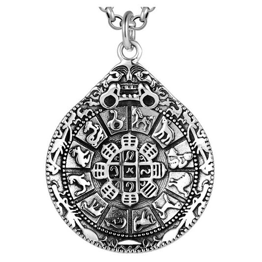 925 Sterling Silver Round Pendant Necklace Chinese Zodiac For Men