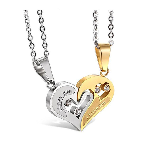 Two Colors Stainless Steel Heart Cubic Zirconia Couple Necklace