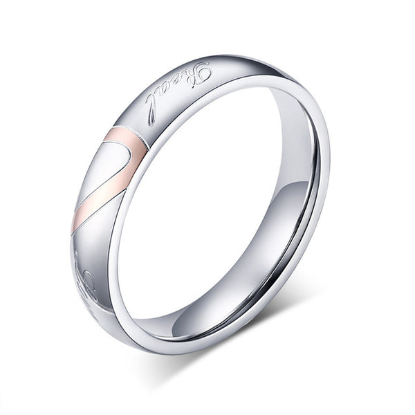Stainless Steel Couple Wedding Ring with Different Color Half-a-Heart Shape