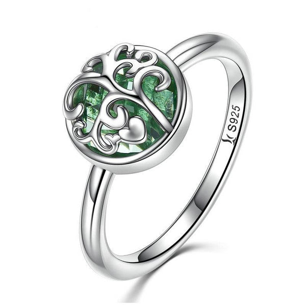 925 Sterling Silver Green Austrian Crystal Tree Of Life Ring