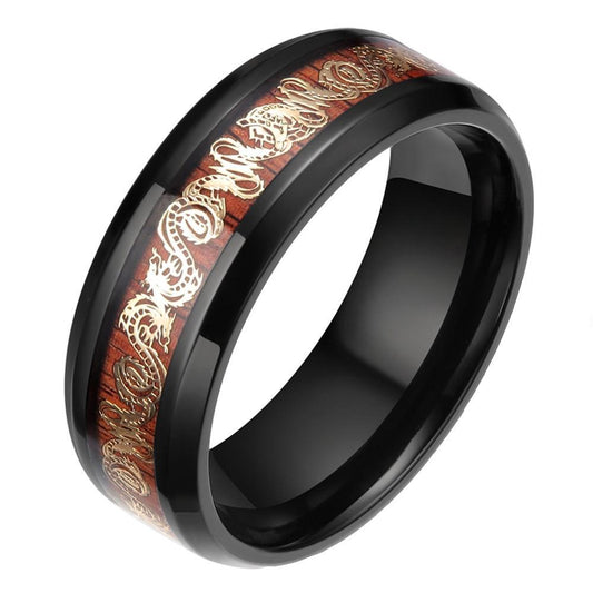 8mm Black Edge Titanium Gold Plated Dragon Design on Wood Inlay Band for Men and Women - Innovato Store