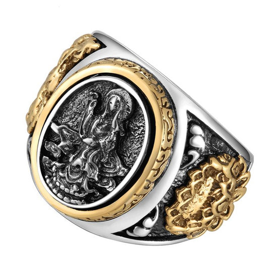 925 Sterling Silver Buddhism Goddess with Dragon Ring Men’s Jewelry - Innovato Store