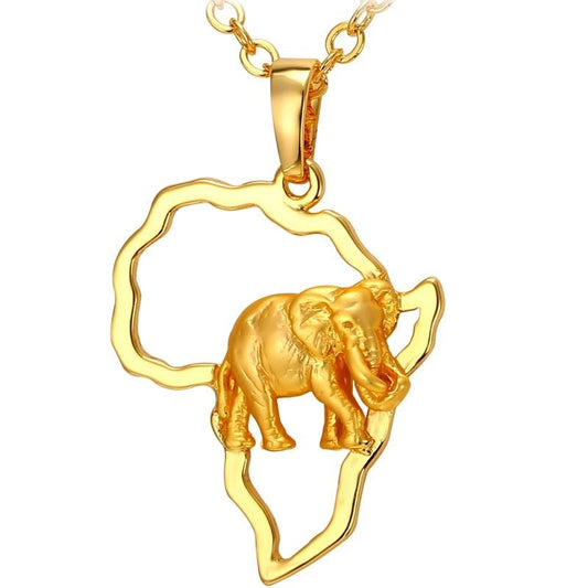 Silver Africa Map with Elephant Pendant Necklace