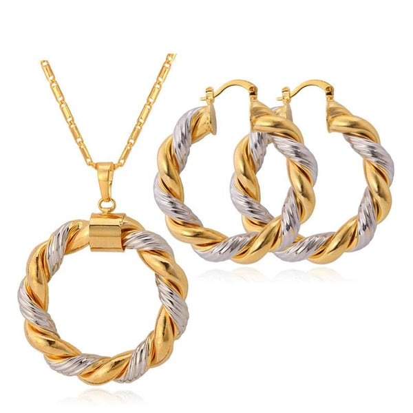 Two Tone Gold and Silver Earrings and Necklace Set