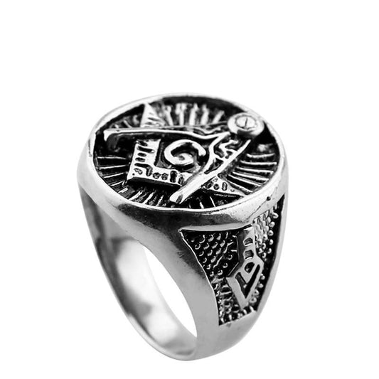 Silver Tone Stainless Steel Masonic Ring For Men with Silver Color Mason Symbol on Top
