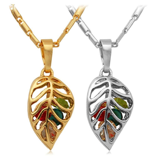 Leaf Pendant Necklace in Gold or Silver with Multi-Colored Rhinestone Crystals