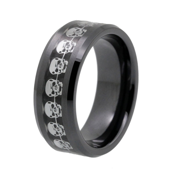 Black Tungsten Carbide with Skull Engraved Inlay Ring - Innovato Store