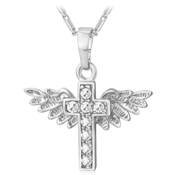Christian Cross with Angel Wings Rhinestone Crystal Silver Necklace