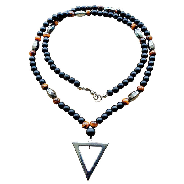 Men’s Black Beads with Triangle Hamitate Pendant Necklace