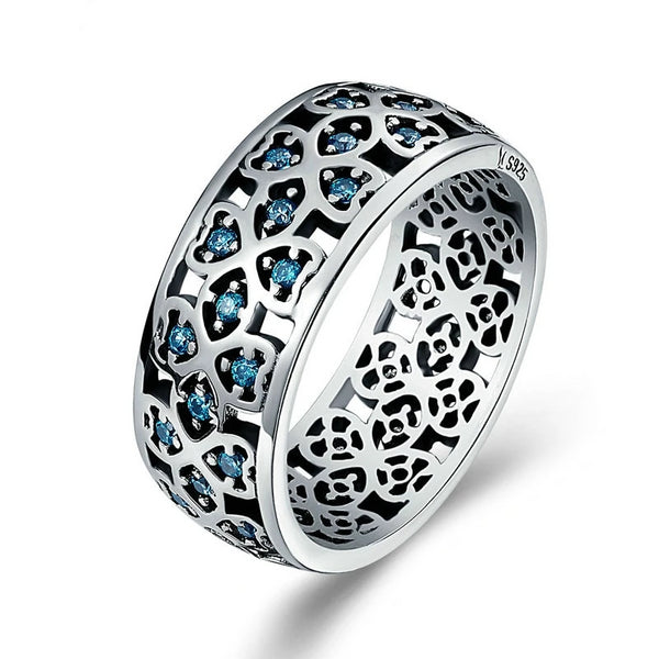 925 Sterling Silver Connected Lucky Clover with Blue Zirconia Ring