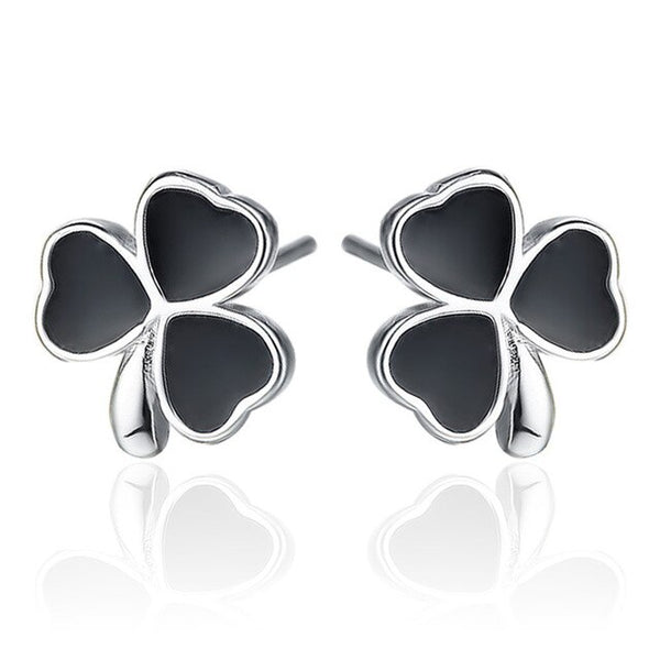 Black and Silver Lucky Clover Stud Earrings