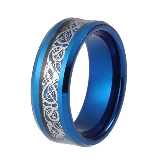 8mm Blue Tungsten Carbide Silver Dragon Unisex Wedding Engagement Ring - Innovato Store