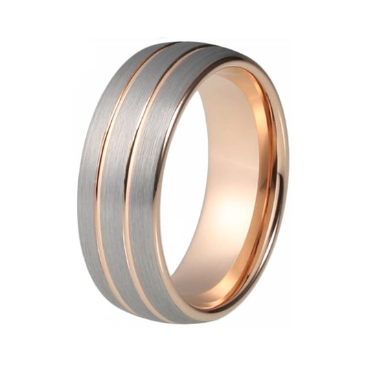 Soft Rose Color Tungsten Domes Shape with Silver Brushed Matte Surface Wedding & Anniversary Ring
