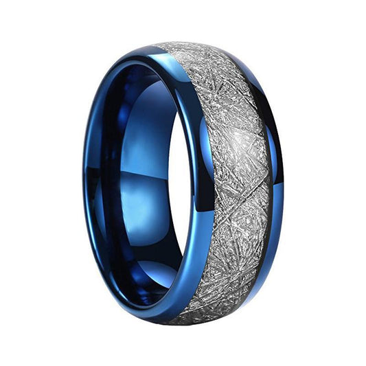 Stunning Blue Plated Silver Meteorite Inlay Men’s Dome Shape Wedding Band