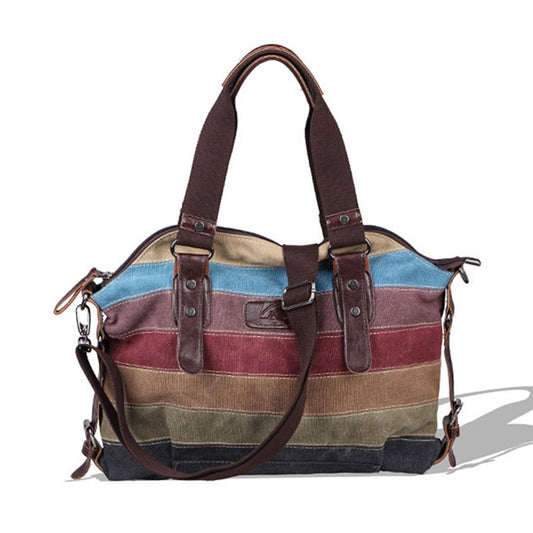 Striped Vintage Canvas Rainbow Beach Tote Handbag & Shoulder Bag