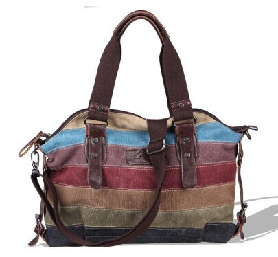 Striped Vintage Canvas Rainbow Beach Tote Handbag & Shoulder Bag