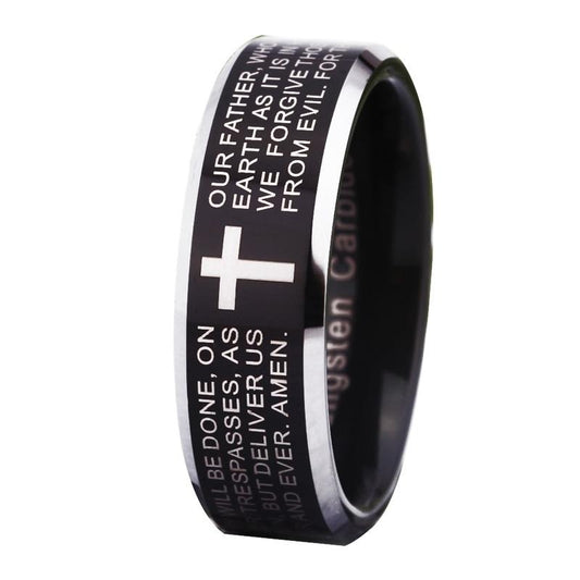 8mm Cross & Lord's Prayer Tungsten Carbide Wedding Band