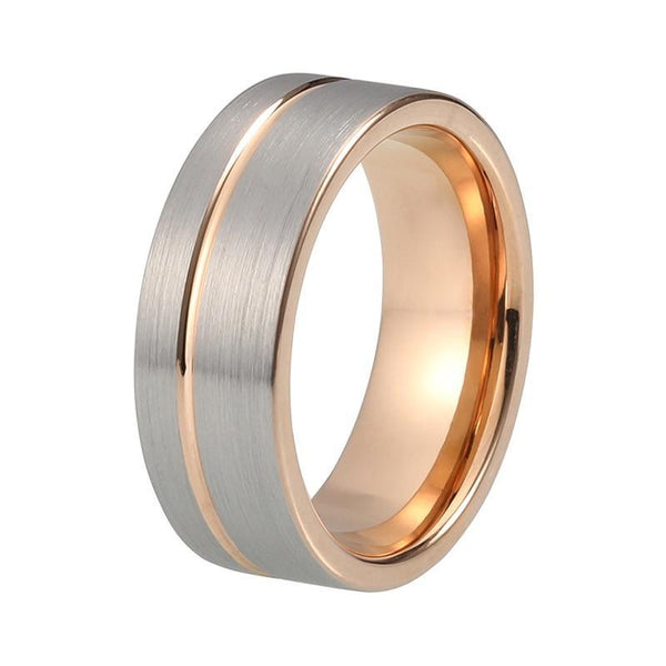 Flat Pipe Cut Brushed Silver Top Tungsten Carbide and Rose Gold Insert Wedding Ring - Innovato Store