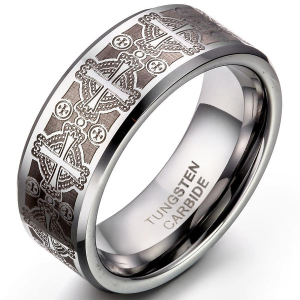 8mm Gothic Cross Tungsten Carbide Wedding Band