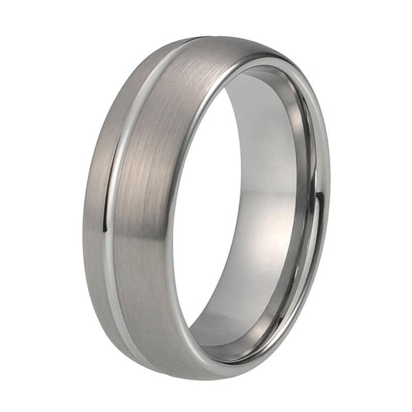 Unisex Silver Brushed Tungsten Carbide with Offset Groove Dome Shape Band