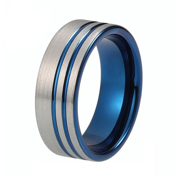 Double Groove Offset Silver Brushed Matte Blue Tungsten Carbide Wedding Ring - Innovato Store