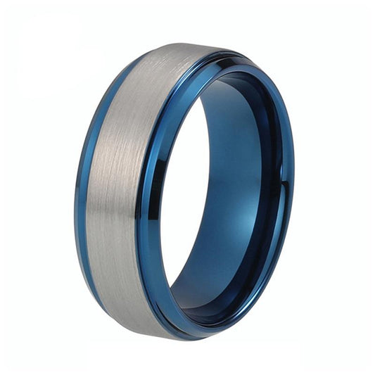 8mm Blue Stepped up Tungsten Carbide with Silver Brushed Matte Center Ring - Innovato Store